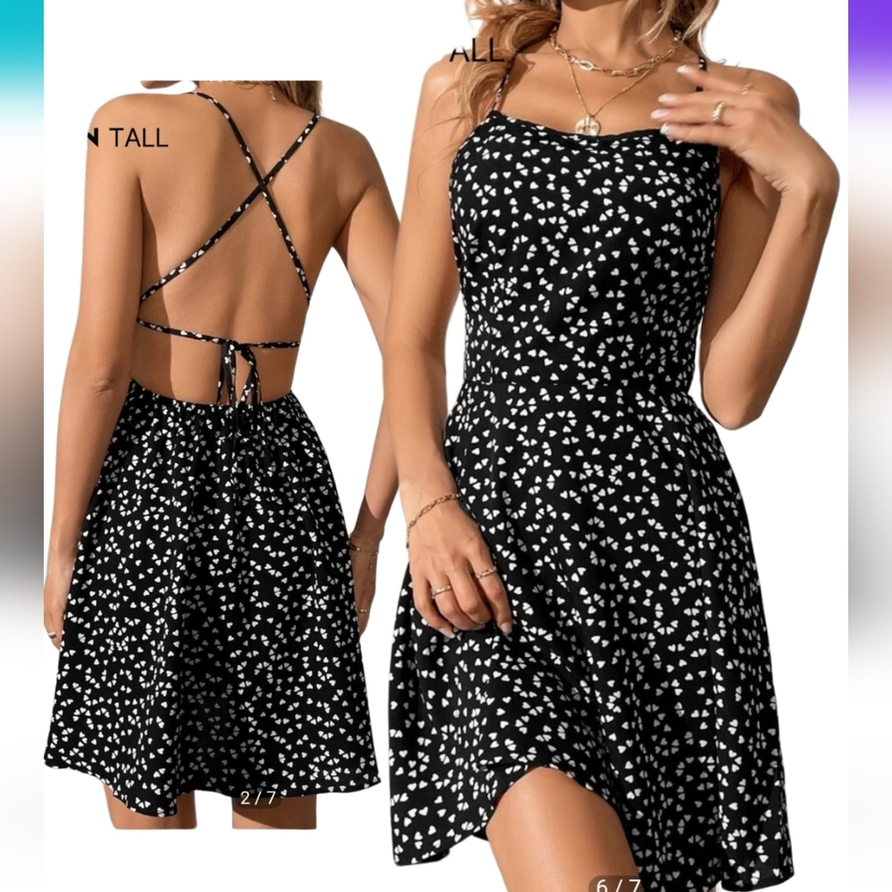 SHEIN Allover Heart Print Crisscross Backless Cami Dress Size S Tall *i-1774